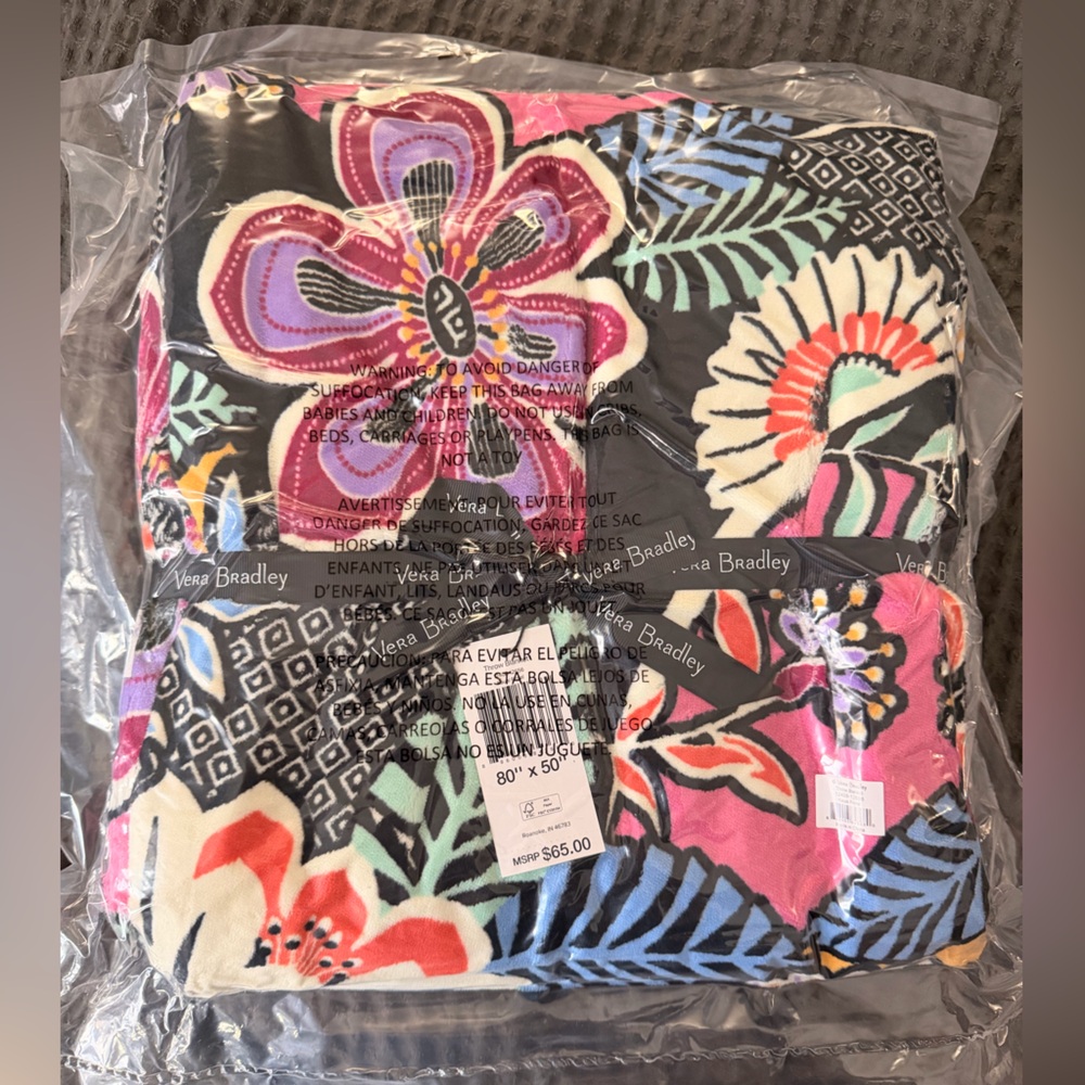 Vera Bradley Black Multi Floral Blanket with Bright Blooms